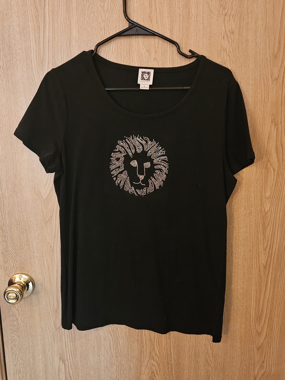 Anne Klein Black Short-Sleeve Tee with Studded Lion Emblem